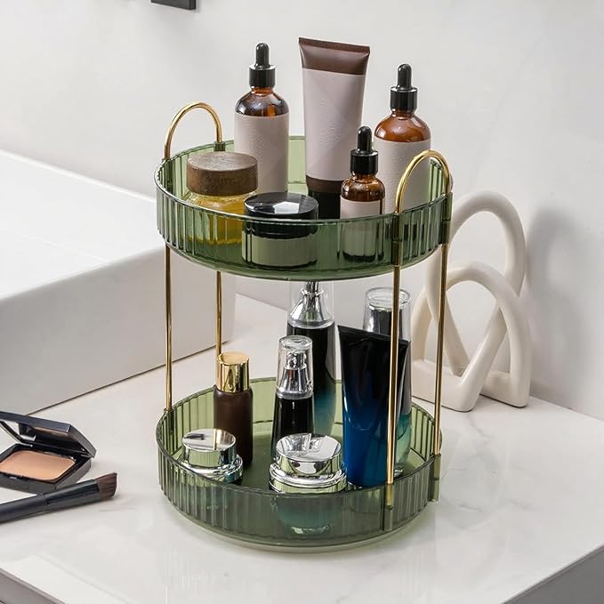 360° Rotating Makeup Organizer, Bathroom Make Up Spinning Holder Rack, Large Capacity Cosmetics Storage Vanity Shelf Countertop, Fits Cosmetics, Perfume, Skincare, Lipsticks(2 Tiers, Green)