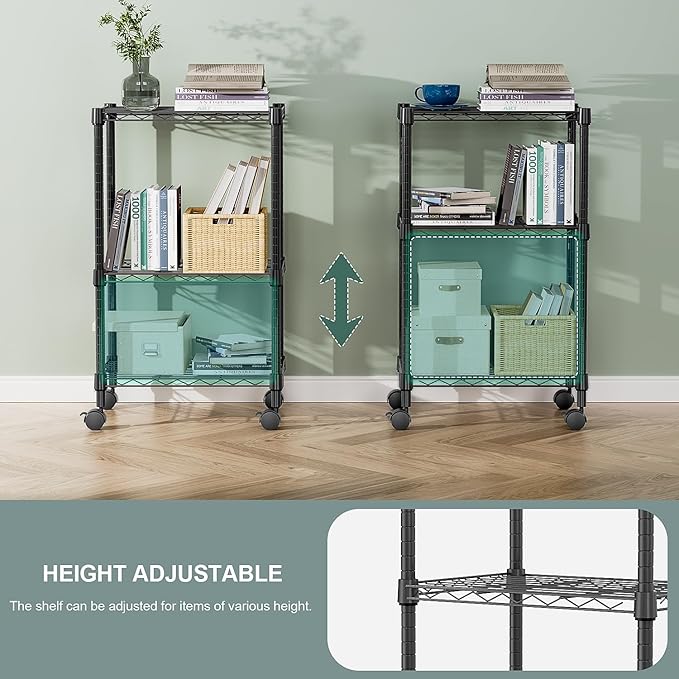 3 Tier Shelf Metal Storage Shelves Wire Rack Closet Organizers with Wheel for Garage Kitchen Bathroom Laundry Black 11.8" D x 17.7" W x 29.8" H
