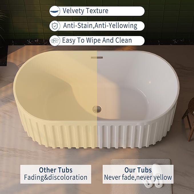 59 Inch Acrylic Freestanding Bathtub with Textured Stripes, Deep Soak Tub, Space-Saving, Glossy Surface, Luxury Spa Design for Modern Bathrooms
