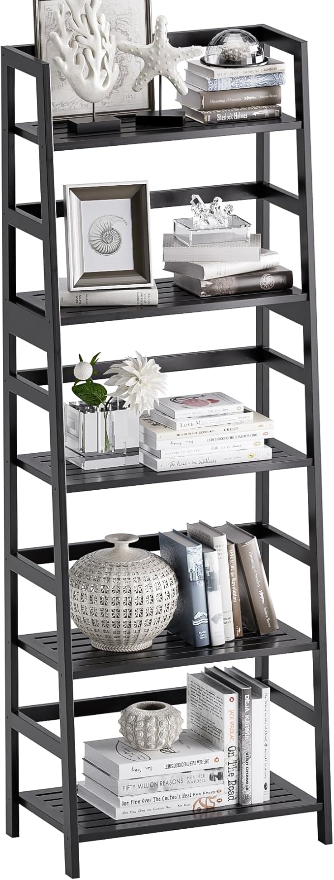 Ladder Shelf, 5-Tier Bookshelf, All Bamboo Heavy Duty Bookcase, Freestanding Open Wood Storage Rack, Modern Corner Display Plant Stand for Living Room, Home Office, Bathroom, Bedroom, Black
