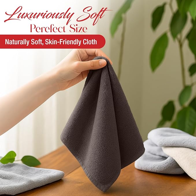 RIVERSIDE 12 Pack Washcloths - 12x12 Inches, 400 GSM, 100% Ring-Spun Cotton - Soft, Absorbent & Durable Face and Body Towels - for Bathroom, Spa, Gym, Makeup Removal & Everyday Use - Brown