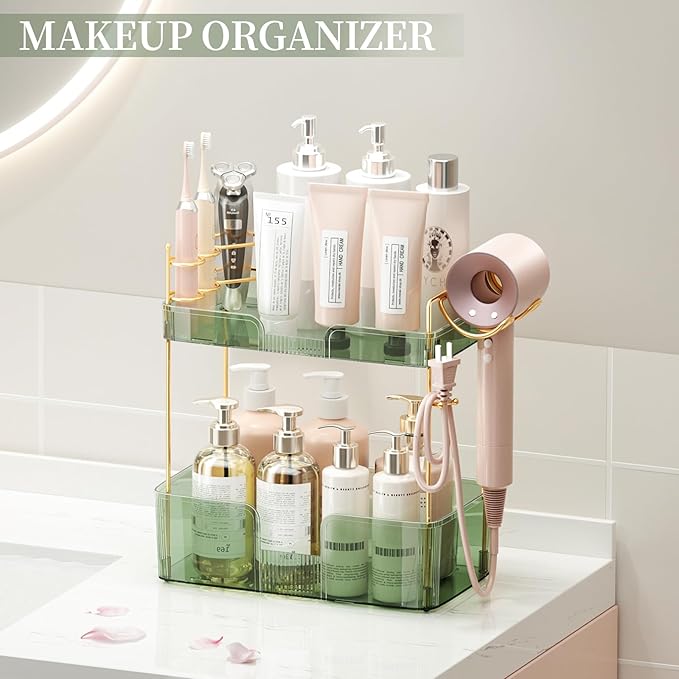 2 Tier Bathroom Counter Organizer with Hair Dryer Holder, Modern Style, Countertop Mount, 2 Shelves, Green