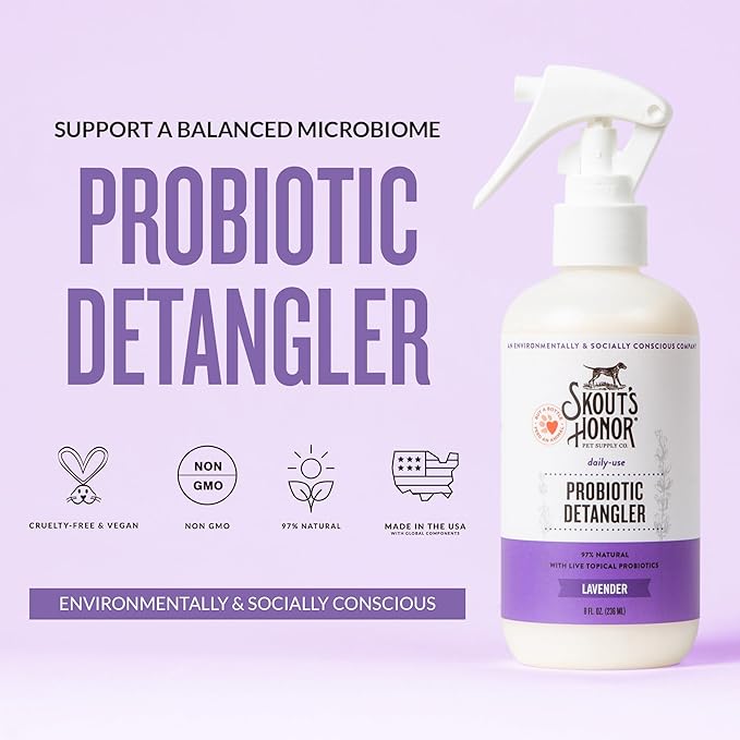 Skout's Honor Probiotic Pet Detangler Spray - Hydrating & Conditioning with Avocado Oil, 97% Natural, Paraben & Sulfate-Free, softens for a More brushable Coat, Daily Use, 8oz, Lavender, 2-Pack