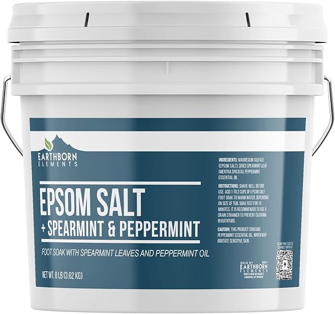 Earthborn Elements Spearmint & Peppermint Epsom Salt Foot Soak, 1 Gallon Bucket, Minty Aroma, with Real Spearmint Leaves (8 Pounds)