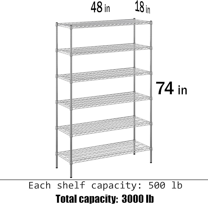 18" Deep x 48" Wide x 74" Height Wire Shelving Kit | 6-Tier | NSF Commercial Storage Rack Unit