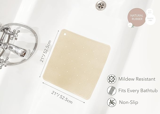 HEVEA Natural Rubber Wave Bath Mat – Square 21x21 in | Non-Slip Shower & Bathtub Mat with 364 Suction Cups, Plastic-Free & Biodegradable (Sand)