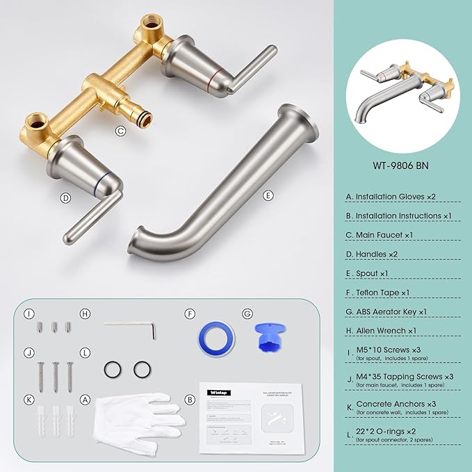 Wall Mount Tub Filler Long Spout Reach Tub Faucet with Rough-in Valve High Flow Tub Faucets 2-Handle Wall Mounted Bathtub Faucet Brass Roman Bath Tub Faucet Set Brushed Nickel (WT-9806BN)