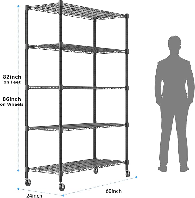 Homdox 5 Tier Storage Racks and Shelving, 24"x60"x82" Heavy Duty Metal Shelves for Storage, 3000LBS Commercial Adjustable Wire Shelving Unit on Wheels for Garage, Pantry, Kitchen, Warehouses, Black
