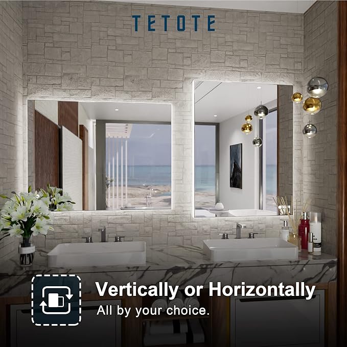 TETOTE 24x32 LED Backlit Mirror Bathroom with Light,3Color White/Warm/Natural,Anti-Fog Lighted Mirror,Dimmable,Vanity Mirror,Wall Mounted