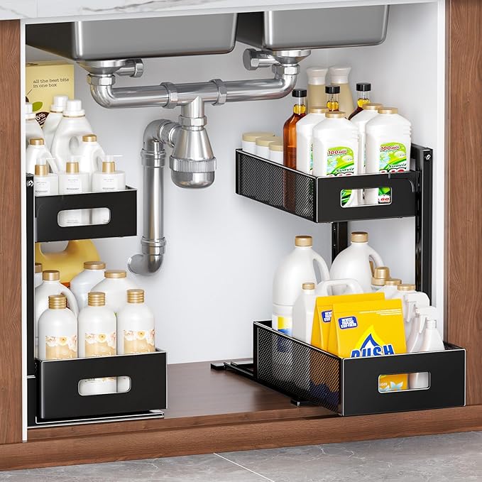 2 Pack Under Sink Organizer, Adjustable Height Under Sink Organizers and Storage, Smooth & Silent Sliding Out Metal Drawer for Kitchen Bathroom Pantry Cabinet Closet (Black)