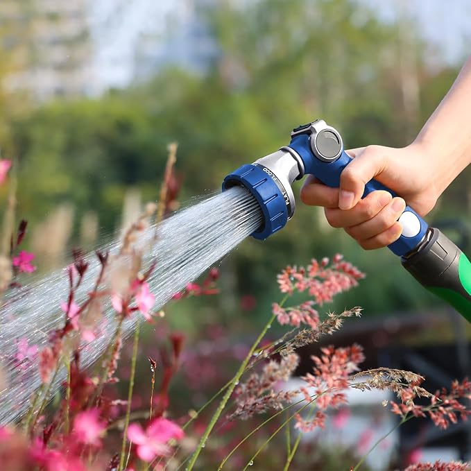 RESTMO Heavy Duty Hose Nozzle, Metal Garden Water Hose Sprayer with 7 Watering Patterns, Thumb Control, On Off Valve, High Pressure Nozzle Sprayer for Watering Plants, Car and Pet Washing, Blue