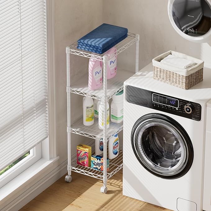 SINGAYE 4 Small Shelves Storage Shelf Wire Shelving Unit Metal Shelf Adjustable Organizers Storage Shelving with Wheels for Bathroom Laundry Room Kitchen Pantry11.5”D x 17.3”W x 44.5”H White