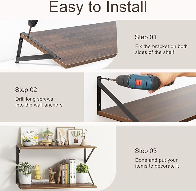 10 Inch Deep Floating Shelves, Walnut Floating Shelves 30 Inch Long, Rustic Wood Wall Shelves 30"W x 10"D, Deep Floating Shelf with Bracket, Wide Storage Shelves for Books, Living Room, Bathroom