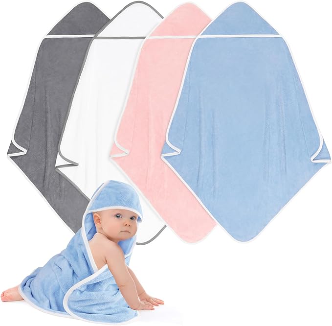Hooded Towel for Newborn, 4 Pack Soft Coral Fleece Baby Towels, Ultra Absorbent Bath Cloths Bulk for Infants, Toddlers, Newborn Essential- 30 x 30 inch - Multicolor