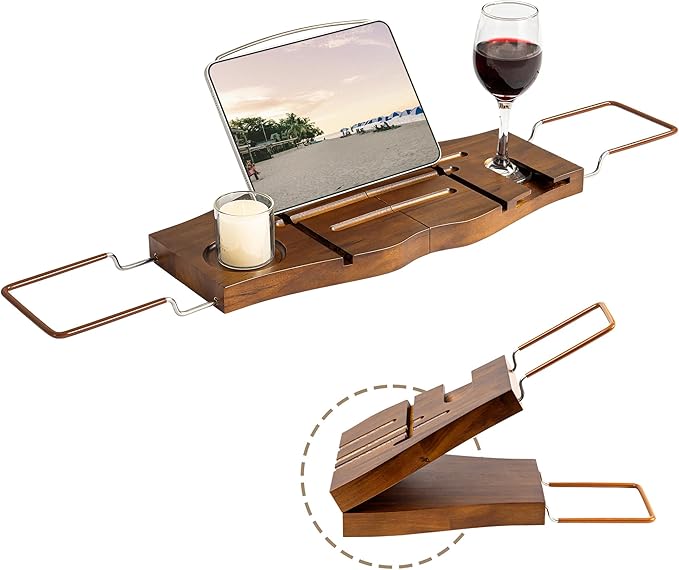 Teak Bathtub Tray Expandable Bathroom Tray for Home Spa Relaxation, Wooden Tray Caddy for Bathtub, Teak Bathtub Caddy as Unique Housewarming, Birthday, Wedding Shower Gifts. Light Walnut