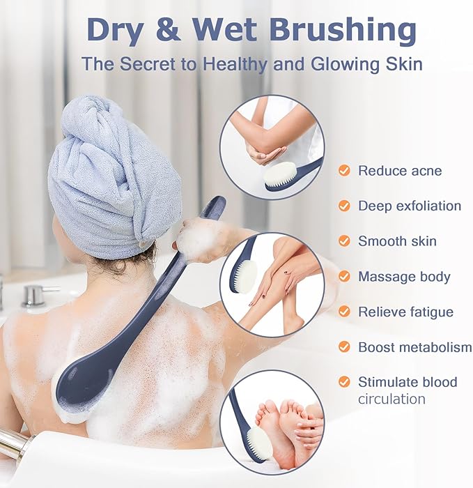 Body Back Scrubber – 17'' Long Handle Shower Brush, Durable Exfoliator for Dry & Wet Use, Deep Cleansing & Gentle Exfoliation for Smooth Skin – for Men, Women & Elderly (Navy Blue)