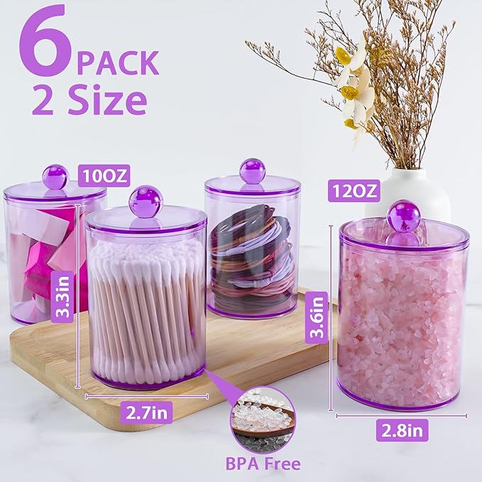 6 Pack Qtip Holder,Canister Apothecary Jar Set, Bathroom Jars with Lids Set for Cotton Swabs, Balls, Pads, Floss Picks,10oz-12oz Plastic Canisters Restroom Bedroom Vanity Organizer(Purple)