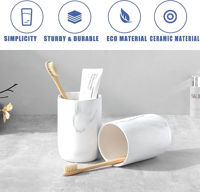 Marble Toothbrush Holders - 2 Ceramic Toothbrush Holders for Bathrooms Toothbrush Toothpaste Holders Set, White Bathroom Tumbler Cups Reusable Toothbrush Mouthwash Cup, Bathroom Counter Organizer.