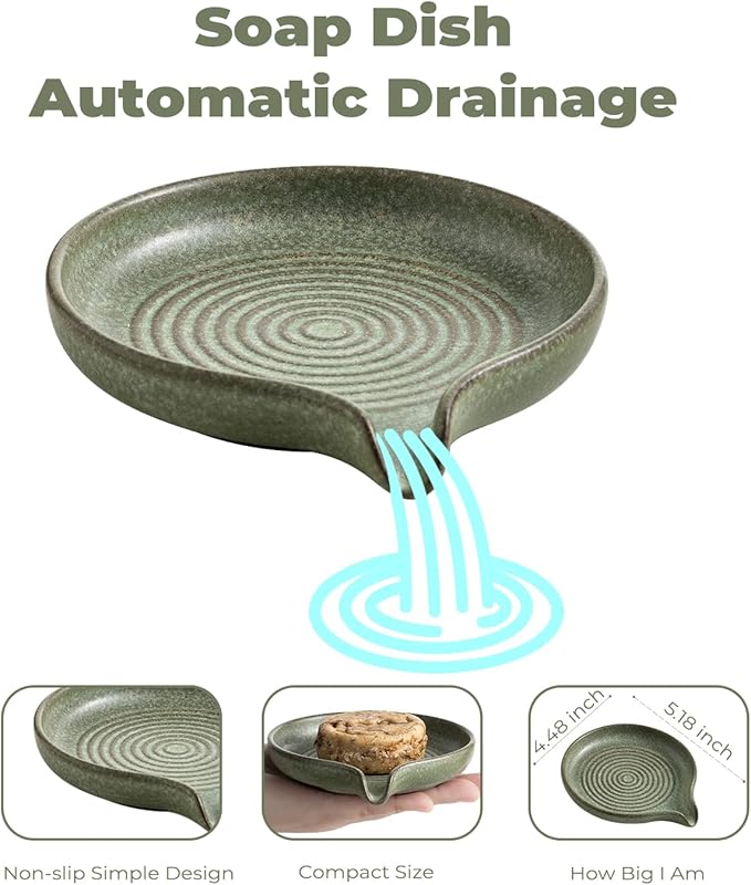 Soap Dishes, Ceramic Shower Soap Dish with Waterfall Design Bar Soap Holder Self Draining Soap Saver for Shower, Bathroom, Sink, Kitchen and Countertop, Green