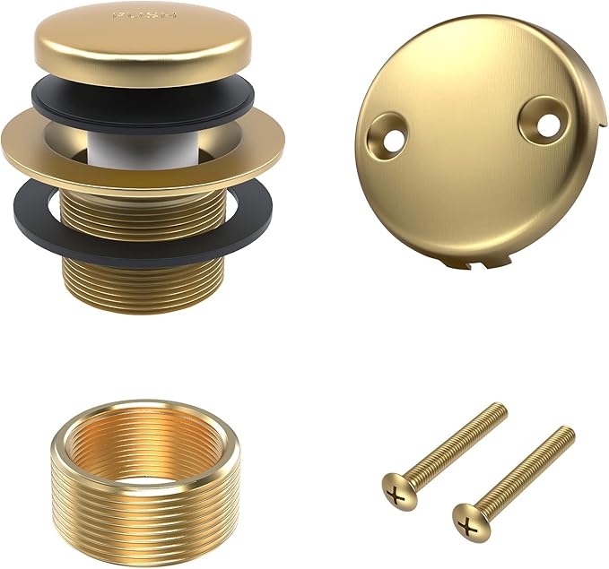 All Metal Tip-Toe Bathtub Drain Kit with Two-Hole Overflow Faceplate and Universal Fine/Coarse Thread Assembly, Bath Tub Drain Kit fits All Bathtub -Brushed Gold