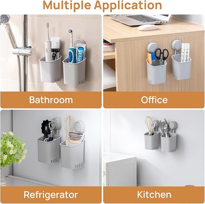 LEVERLOC Powerful Suction Toothbrush Holder 2 Pack, Removable Drill-Free Wall Shower Holder for Toothbrush, Toothpaste, Razor, Self-draining Suction Cup in Shower, Kitchen Tableware Organizer, Gray
