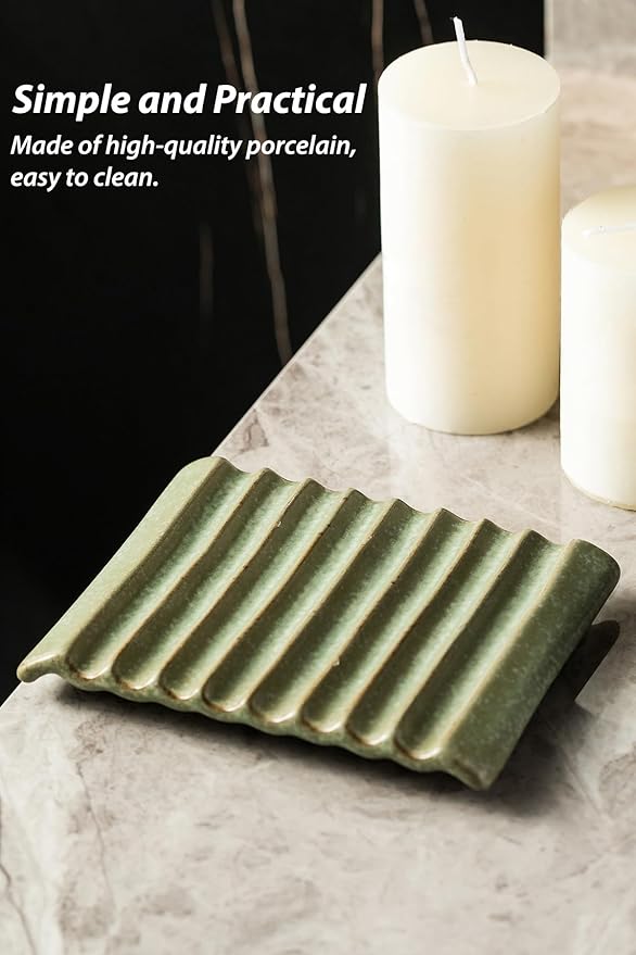 Soap Dish, Ceramic Soap Holder Bar Soap Saver Non-Slip Bathroom Accessories for Sponges, Scrubber, Razor, Green