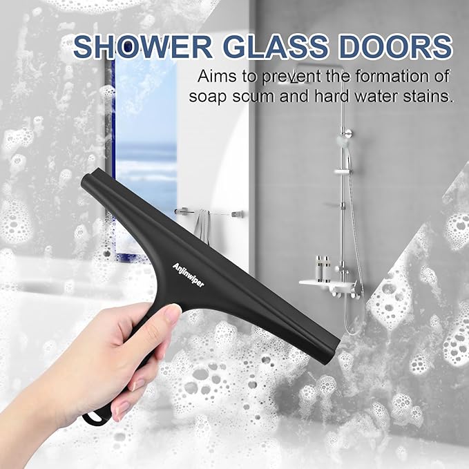 All-Purpose Shower Squeegee for Glass Doors with Hook, Silicone Squeegee for Shower Glass, Shower Doors, Windows, Bathroom, Mirrors and Tiles（10 inch, Black）