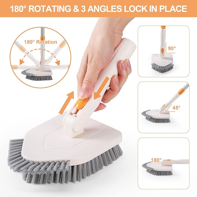 3 in 1 Shower Scrubber Cleaning Brush with Long Handle, 50'' Tub and Tile Grout Scrub Brush Stiff Bristles Lock in Place Scrub Brush Head for Bathroom Kitchen Wall Floor Bathtub Sink Glass - Upgrade