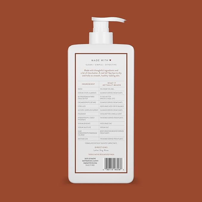 Native Moisturizing Body Wash Contains Naturally Derived Ingredients | for Women & Men, Sulfate, Paraben, & Dye Free Leaving Skin Soft & Hydrated | Cocoa Butter & Vanilla 18 oz