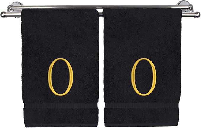 Monogrammed Hand Towel, Personalized Initial Gift, Extra Absorbent 100% Turkish Cotton - Soft Terry Finish - Set of 2 - Gold Block Initial O - Embroidered on Black Towels