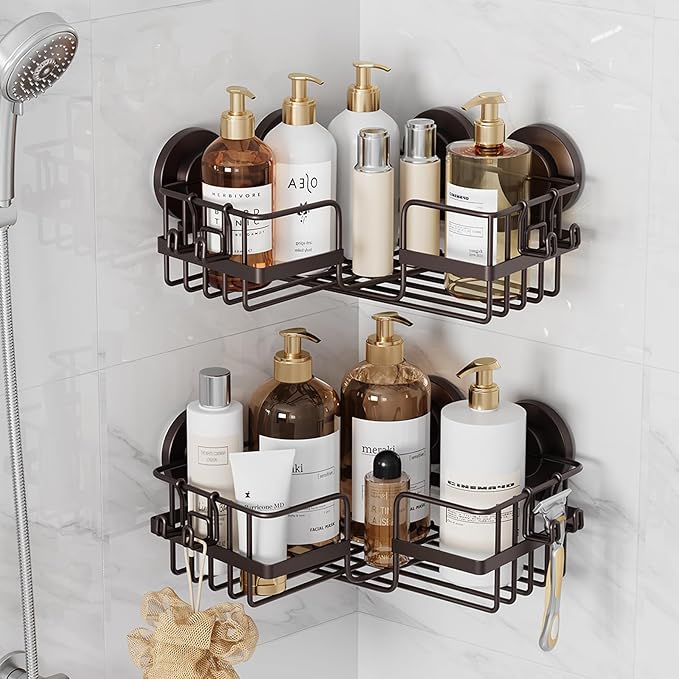 TAILI 2 Pack Powerful Suction Cup Shower Caddy Corner-adaptive, Stainless Steel Rustproof Shower Shelves with Hook, Drill-Free Wall Suction Baskets, Large Capacity Removable Bathroom Organizer, Brown