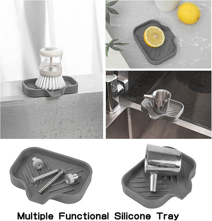 Silicone Bathroom Soap Dishes with Drain Spout-Bathroom and Kitchen Sink Organizer,Sponge Holder,Dish Soap Tray,Perfect for Dispenser,Scrubber,Bottle,Cup on Sink or Counter-Grey 4.9"×3.2"
