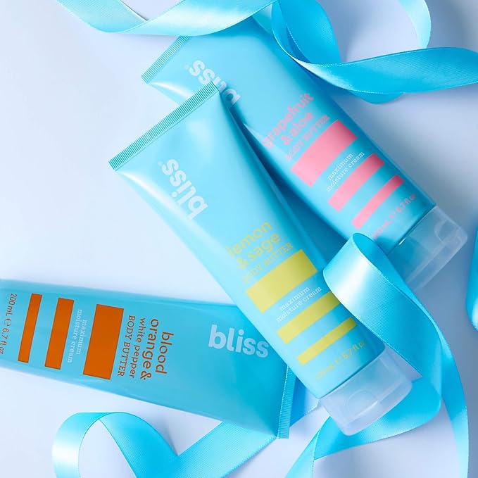 Bliss Body Butter Lotion Trio: Lemon & Sage, Grapefruit & Aloe, Blood Orange & White Pepper. Moisturizing, vegan, cruelty-free body lotion for dry skin. Great for women & men. 6.7 Fl Oz, 3-pack
