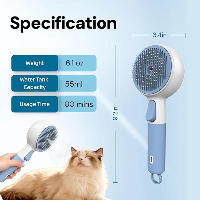 Cat Steam Brush for Shedding & Grooming - 3-in-1 Electric Spray Pet Hair Brush with Massage Function - Anti-Static Water Spray Comb for Tangled Hair, Rechargeable Grooming Tool for Cats & Dogs (Blue)