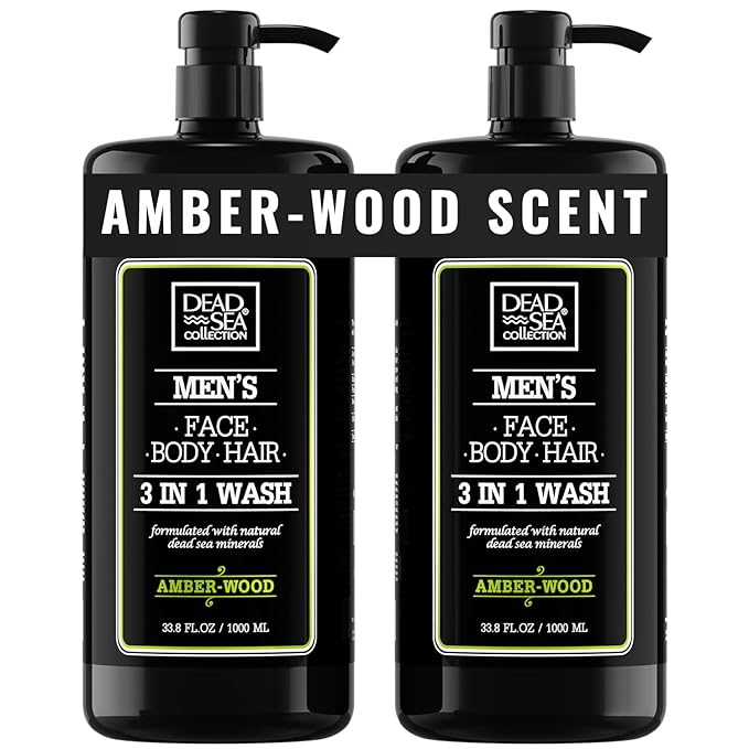 Dead Sea Collection Mens Body Wash 3 in 1 – Amber Wood Body Wash for Men – Shower Gel – Shampoo – Shower Soap for Face and Hair – Pack of 2 Bottles (33.8 Fl. Oz. Each)