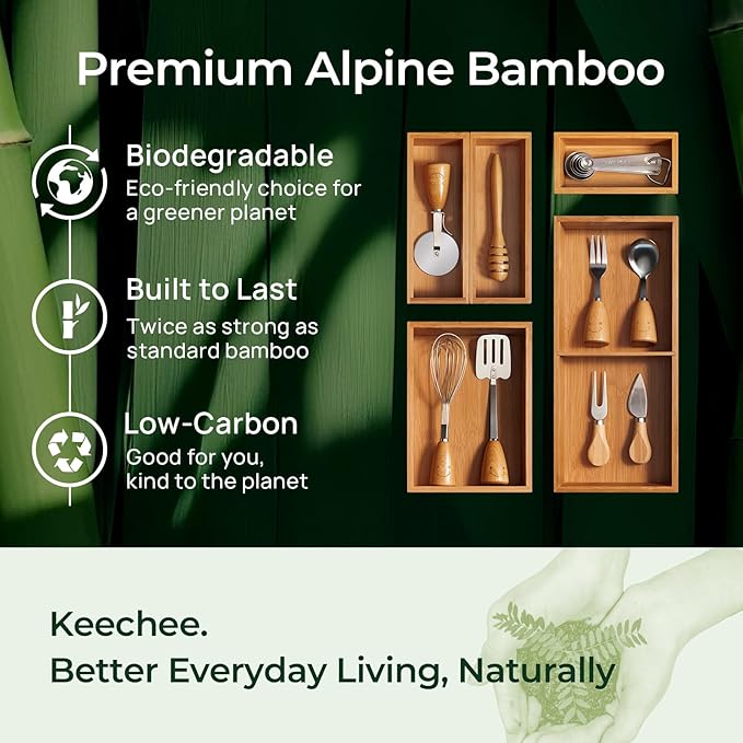 6-Piece Bamboo Drawer Organizer Set, 2.2" Deep Multi-Use Organizers for Utensils, Silverware, Cutlery, Desk, Bathroom, Junk Drawer & Makeup, Non-Slip Feet Included.