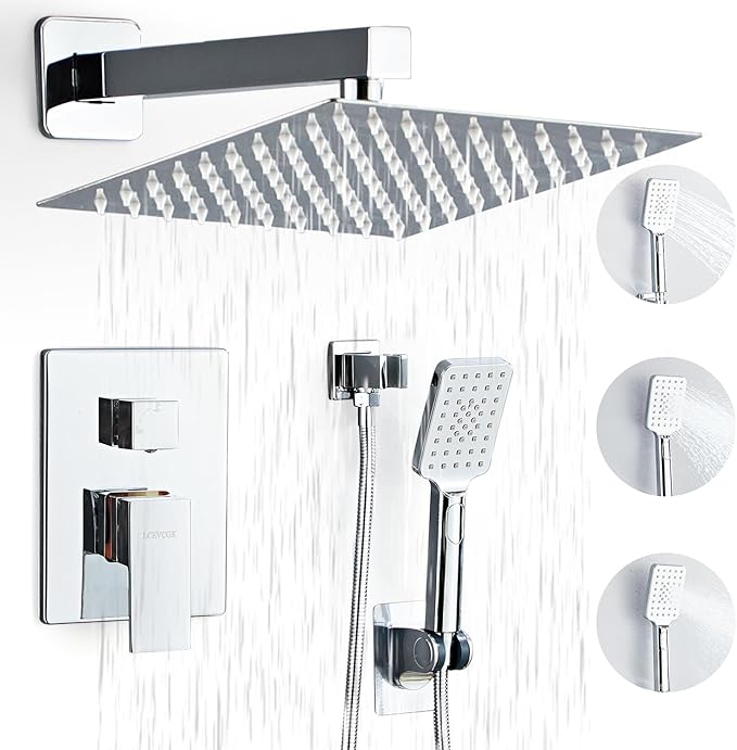 Shower System, Shower Faucet Set Complete Square Rain Shower Combo Set with 8 inch Rainfall Shower Head System Bathroom Wall Mounted 3-Setting Handheld Shower,Chrome
