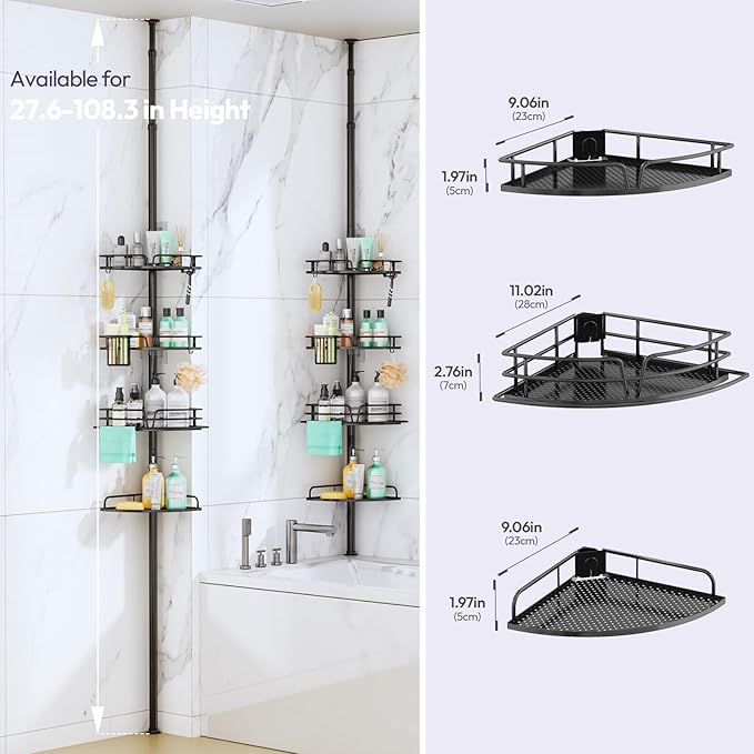 SWTYMIKI Shower Caddy Tension Pole - 4-Tier Corner Shower Organizer Tension Rod, Toothbrush Holder & 4 Hooks, Adjustable Stainless Steel Bathroom Organizer 27.6 to 108.3 inch, Black with Towel Bar