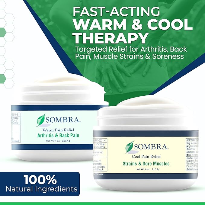 Sombra Warm & Cool Pain Relief Gel, Warm Relief for Arthritis and Chronic Pain Pre-Workout Muscle Rub, Cold for Swelling, Soreness, Post-Workout, Free of Artificial Fragrances, 4oz Per Jar