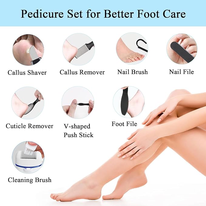 Callus Remover for Feet Electric Foot File, 13-in-1 Professional Pedicure Tools Foot Care Kit, Foot Scrubber Pedi for Hard Cracked Dry Dead Skin, 3 Rollers, 2 Speed, Battery Display (White&Blue)