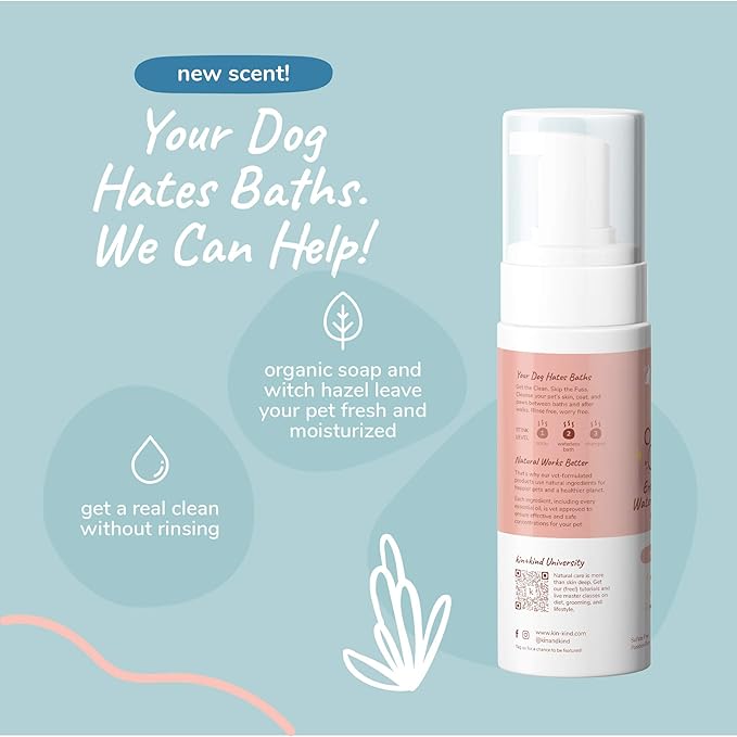 kin+kind Waterless Dry Shampoo for Dogs - Rinse-Free, Eliminate Itch and Odor, Natural Formula with Witch Hazel, Coconut Oil, Olive Oil and Grapefruit - Made in USA