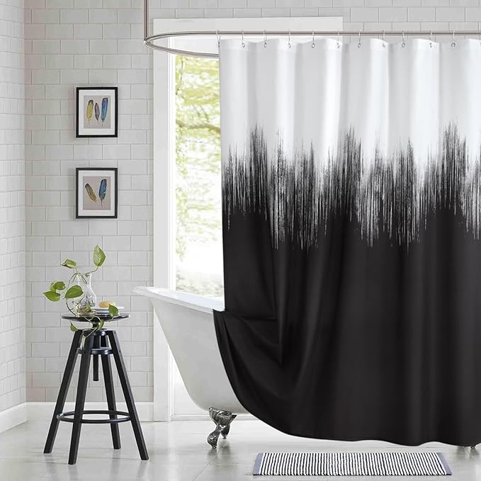 Long Fabric Shower Curtain, Black and White Microfiber Cloth Shower Curtains for Bathroom, Modern Waterproof Bathroom Curtains, 72" W x 78" H