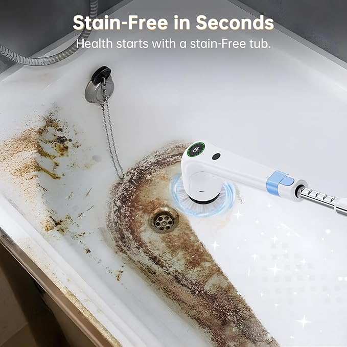Electric Spin Scrubber, Cordless Shower Scrubber with 8 Scrub Brush, 2 Speed with Adjustable Extension Handle, Battery Level Display, Power Scrubber for Bathroom Bathtub Tile Floor, White