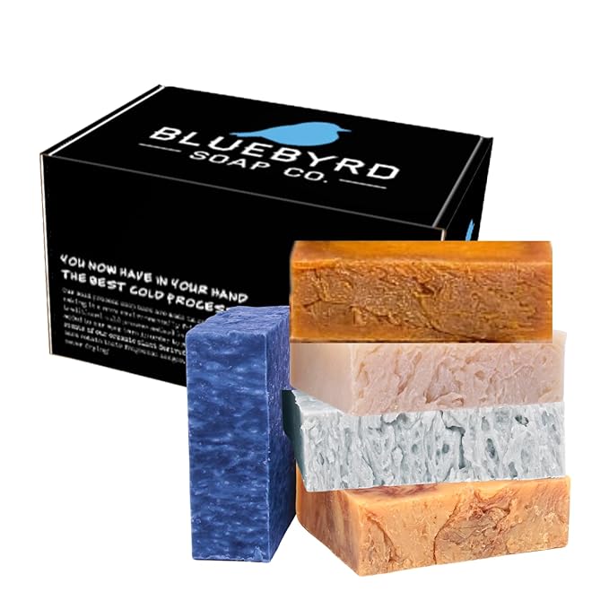 BLUEBYRD SOAP Men's Natural Bar Soap Gift Set (5 Bars) | Masculine Soap Bars Variety Pack - Bay Rum, Citrus Cedar Sage, Sandalwood, Frankincense, Exfoliating Pumice (Mens Original)