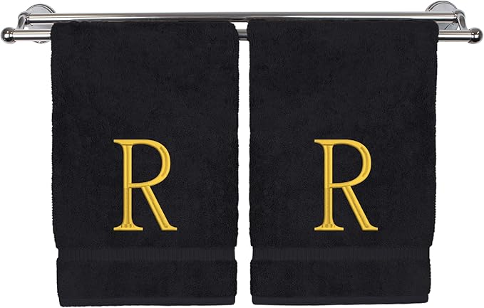 Monogrammed Hand Towel, Personalized Initial Gift, Extra Absorbent 100% Turkish Cotton - Soft Terry Finish - Set of 2 - Gold Block Initial R - Embroidered on Black Towels
