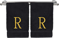 Monogrammed Hand Towel, Personalized Initial Gift, Extra Absorbent 100% Turkish Cotton - Soft Terry Finish - Set of 2 - Gold Block Initial R - Embroidered on Black Towels