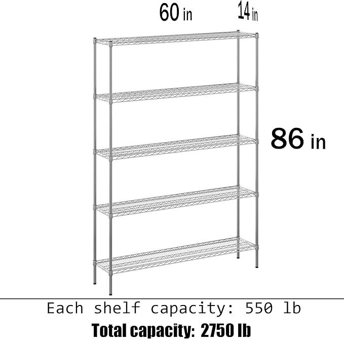 14" Deep x 60" Wide x 86" Height Wire Shelving Kit | 5-Tier | NSF Commercial Storage Rack Unit