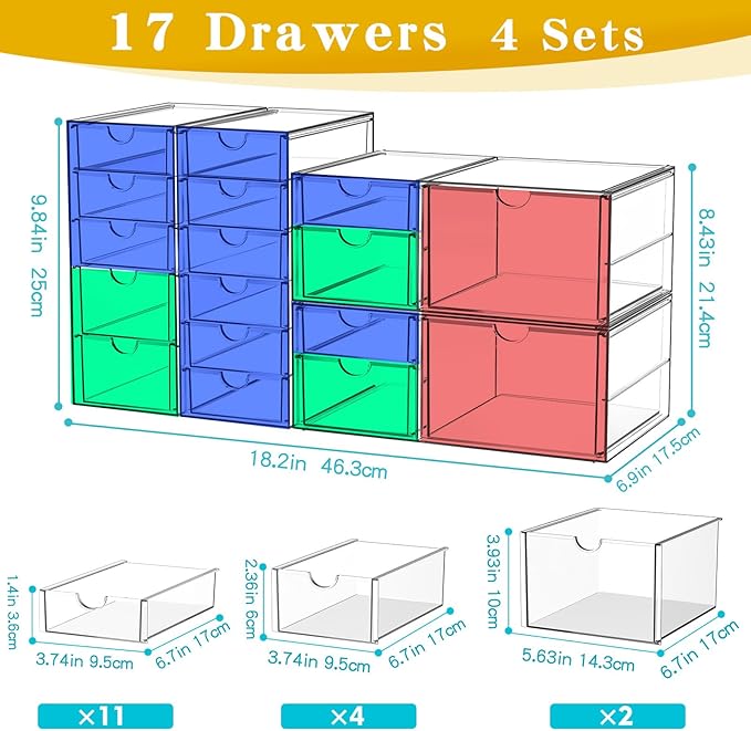 Acrylic Makeup Organizer with 17 Drawers, 4 Pack Clear Bathroom Counter Organizer for Palettes, Cosmetic, and Beauty Supplies,Ideal for Vanity, Cabinet,Desk Organization