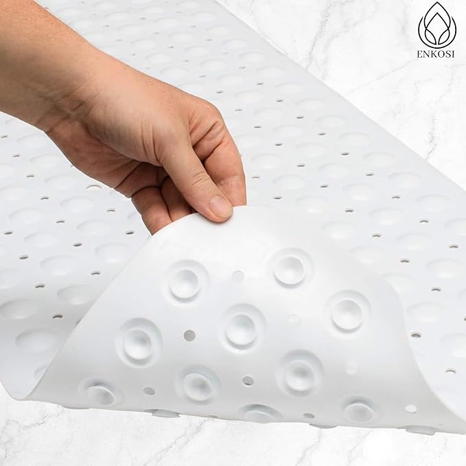 ENKOSI Bath Mat – 40 x 16 Inch Non-Slip Shower Mat for Bath Tub & Shower with Strong Suction Cups – Anti Slip Large Bathtub Mat with Drain Holes – for Smooth Floors Only (40x16 White)