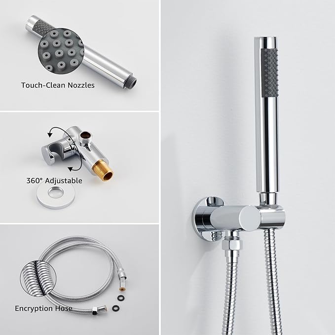 Iriber Chrome Shower System Wall Mounted Shower Faucet Mixer Set with 12 Inches Round Rain Shower head and Handheld, Bathroom Rainfall Polished Chrome Shower Trim Kit Contain Valve